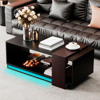 Wrought Studio 2-Tier Rectangle Coffee Table With Walnut Accents & Led Lights, Living Room Cocktail Table With Shelf, Bl