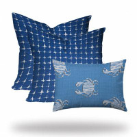 HomeRoots Set Of Three 20" X 20" Blue And White Crab Blown Seam Coastal Throw Indoor Outdoor Pillow