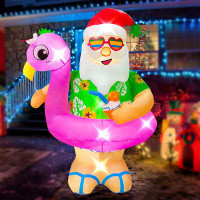 The Holiday Aisle® 6Ft Summer Inflatable Hawaiian Laua Santa With Flamingo Pool Float Decoration, LED Blow Up Lighted De