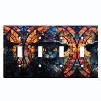 WorldAcc Metal Light Switch Plate Outlet Cover (Halloween Spooky Black Cat Witch Hat - Quadruple Toggle)
