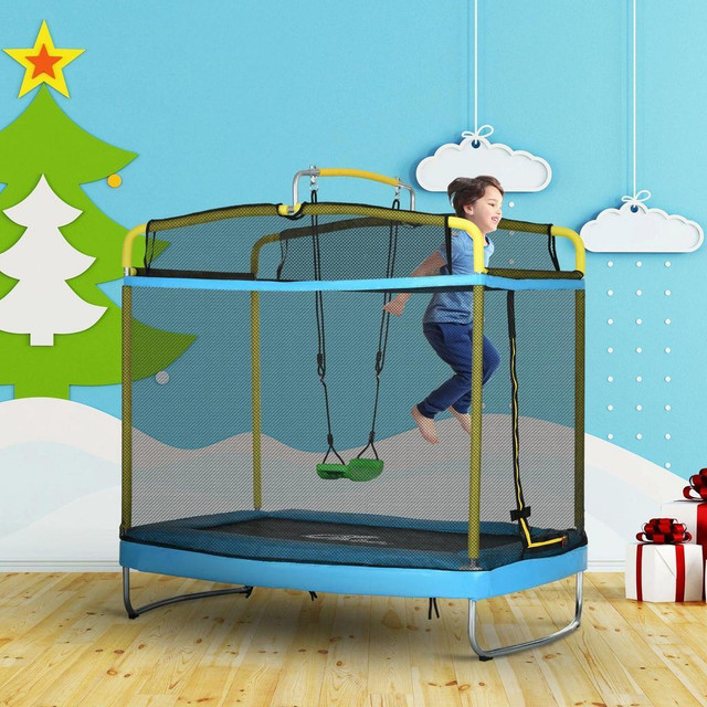 6.9FT KIDS TRAMPOLINE WITH SAFETY NET, GYMNASTICS BAR, SWING, TODDLER TRAMPOLINE FOR 3+ YEARS OLD INDOOR/OUTDOOR in Exercise Equipment