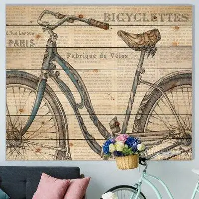 East Urban Home Paris France Bicycles II - French Country Print on Natural Pine Wood