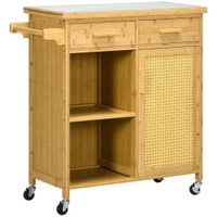 BAMBOO KITCHEN ISLAND ON WHEELS, ROLLING KITCHEN CART WITH TEMPERED GLASS TOP