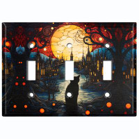 WorldAcc Metal Light Switch Plate Outlet Cover (Halloween Black Cat Spooky Church - Triple Toggle)
