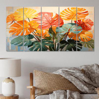Design Art Orange Green Tropical Plants I - Tropical Wall Decor - 5 Equal Panels