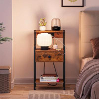 17 Stories Snughome End Table With Charging Station, 3 Tier Side Table With Open Storage Shelves, Bedside Tables With Dr