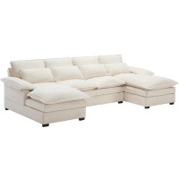 Latitude Run® Beige U-shaped Modular Sectional: Oversized Sofa With 6 Deep Seats, Double Chaise, Memory Foam & 4 Pillows