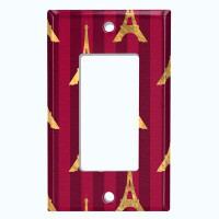 WorldAcc Metal Light Switch Plate Outlet Cover (Damask Yellow Eiffel Towers Red Stripes Red - Single Toggle)