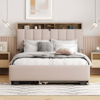 Latitude Run® Queen size Upholstered Platform Bed with Storage Headboard and Trundle