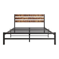 17 Stories Platform Queen Size Bed Frame With Rustic Vintage Wood Headboard