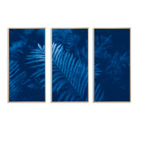 Bay Isle Home™ Blue Macro Of Tropical Fern Plant Shrub Leaves - Tropical Framed Canvas Wall Art Set Of 3