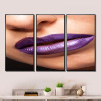 Everly Quinn Close Up View Of Woman Lips With Purple Lipstick - Modern Framed Canvas Wall Art Set Of 3
