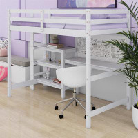 Harriet Bee Full Size Wooden Loft Bed With Shelves, Desk And Writing Board