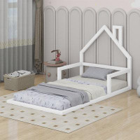 Gracie Oaks Twin Size Wood Floor Bed With House-Shaped Headboard