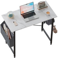Ebern Designs Modern White Marble Desk - Compact, Convenient Storage, Easy Assembly