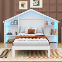 Latitude Run® Wood Twin Size Platform Bed With House-Shaped Storage Headboard And Built-In LED
