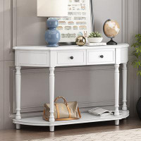 Ivy Bronx Retro Circular Curved Design Console Table With Open Style Shelf Solid Wooden Frame And Legs Two Top Drawers