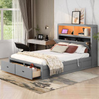 Red Barrel Studio Wood Queen Size Hydraulic Platform Bed with Storage LED Headboard, Charging Station and 2 Drawers