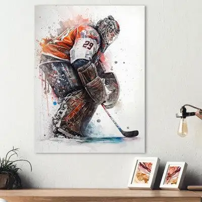 Ce magnifique art sur toile «Gardien de but pendant le match de hockey IV» est imprimé à l'aide d'un...