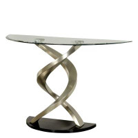 Orren Ellis Sofa Table With Twisted Metal Base And Semi Circular Glass Top, Silver