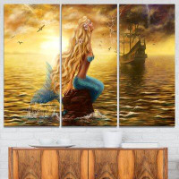 Design Art Sea Mermaid with Ghost Ship - 3 Piece Graphic Art on Wrapped Canvas Set