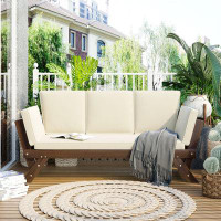 wendeway Outdoor Adjustable Patio Wooden Daybed Sofa Chaise Lounge With Cushions For Small Places
