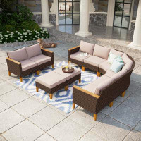 Lark Manor Argyri 9 Piece Wicker Outdoor Patio Furniture Set, Stylish Rattan Sectional Patio Set with Beige Cushions