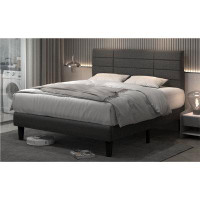 Latitude Run® Dark Grey Full Size Bed Frame With Upholstered Headboard, Strong Frame, Wooden Slats, No Box Spring Needed
