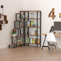 17 Stories Large Corner Bookshelf Bookcase, Industrial Reversible 5 Tier Ladder Shelves Storage Display Rack With Metal