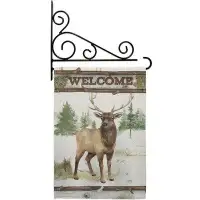 Breeze Decor Welcome Deer - Impressions Decorative Metal Fansy Wall Bracket Garden Flag Set GS110105-BO-03