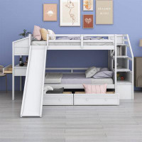 Harriet Bee Twin Over Twin Bunk Bed With Storage Staircase, Slide And Drawers, Desk With Drawers And Shelves