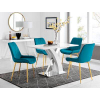 East Urban Home High Gloss and Chrome Metal Rectangle Dining Table Set with 4 Luxury Velvet Dining Chairs Set