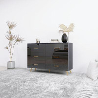 Mercer41 High Glossy Surface 6 Drawers Chest Of Drawer With Golden Handle And Golden Steel Legs Black Color Vanity