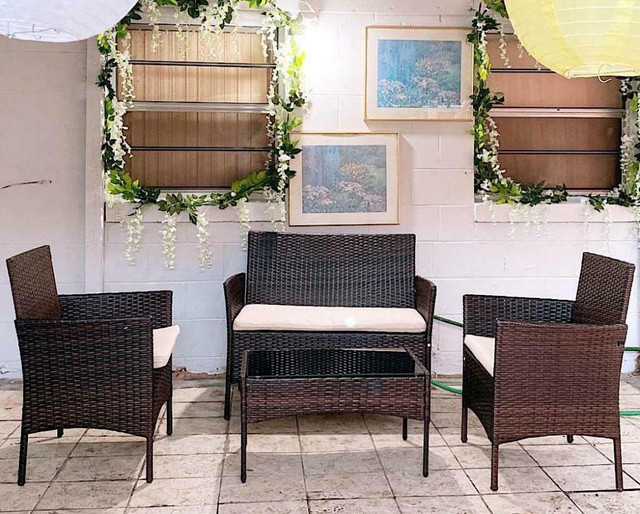 Wicker Outdoor Patio Set Rattan Loveseat Sofa Arm Chairs Coffee Table in Patio & Garden Furniture
