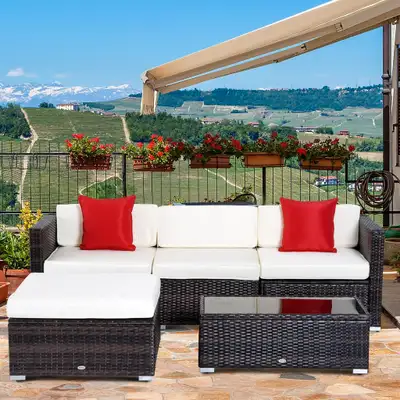5pc Premium PE Rattan Wicker Aluminum Conversation Sofa Set for Outdoor Patio - Dk Brown, Cream