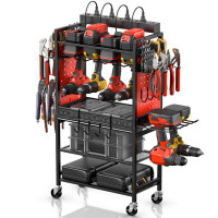 KOVOME Power Tool Organizer Cart With Charging Station, Garage Floor Rolling Storage Cart On Wheels , Mobile 6 Drill, Re