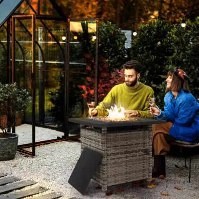 Add warmth and elegance to your outdoor space with this beautiful fire table! Features: • PE rattan...