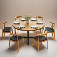 HOUZE 4 - Person Burlywood Solid Wood Round Dining Table Set