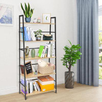 Latitude Run® 5 Tier Bookshelf Industrial Ladder Shelf Open Display Storage Rack Wood Bookcase With Metal Frame, Freesta