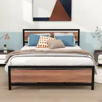 17 Stories Metal Platform Bed Frame with Wood Headboard