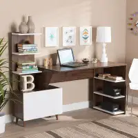 George Oliver Davel Mid-Century Modern Two-Tone White And Walnut Brown Finished Wood Storage Computer Desk With Shelves