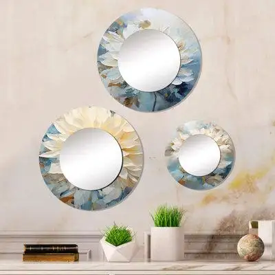 Dovecove Simple Beige And Blue Dahlia - Round Mirror On Glossy Dahlia Metal Art Print Set Of 3