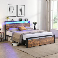hernansofa Full Size Bed Frame with Storage Headboard and 2 Drawers, LED Lights Bed with Charging Station