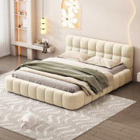 Ivy Bronx Queen Size Upholstered Platform Bed With Thick Fabric, Grounded Bed With Solid Frame, Beige