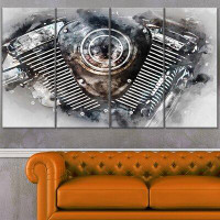 Made in Canada - Design Art 'Motorcycle Engine Watercolor' 4 Piece Painting Print on Wrapped Canvas Set
