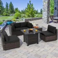 Latitude Run® 6 Piece Patio Wicker Conversation Set, Outdoor Rattan Sofa Set W/ 32" Propane Fire Pit Table, 50,000 Btu H