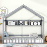 Home Sweet Dream Joy Wooden Twin Size House Bed with Storage Shelf,Kids Bed with Fence and Roof, White