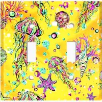 WorldAcc Metal Light Switch Plate Outlet Cover (Jelly Fish Yellow Coral Reef - Double Toggle)