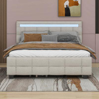Cosmic Queen Size Upholstered Platform Bed With LED Frame, With Twin XL Size Trundle And 2 Drawers