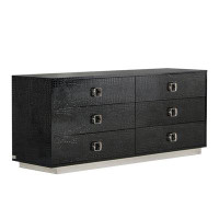 17 Stories Hart 63 Inch Dresser, 6 Drawers, Crocodile Skin Texture, Lacquer, Black